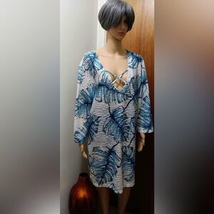 Blue and White Floral Long Sleeve  cover up 0254